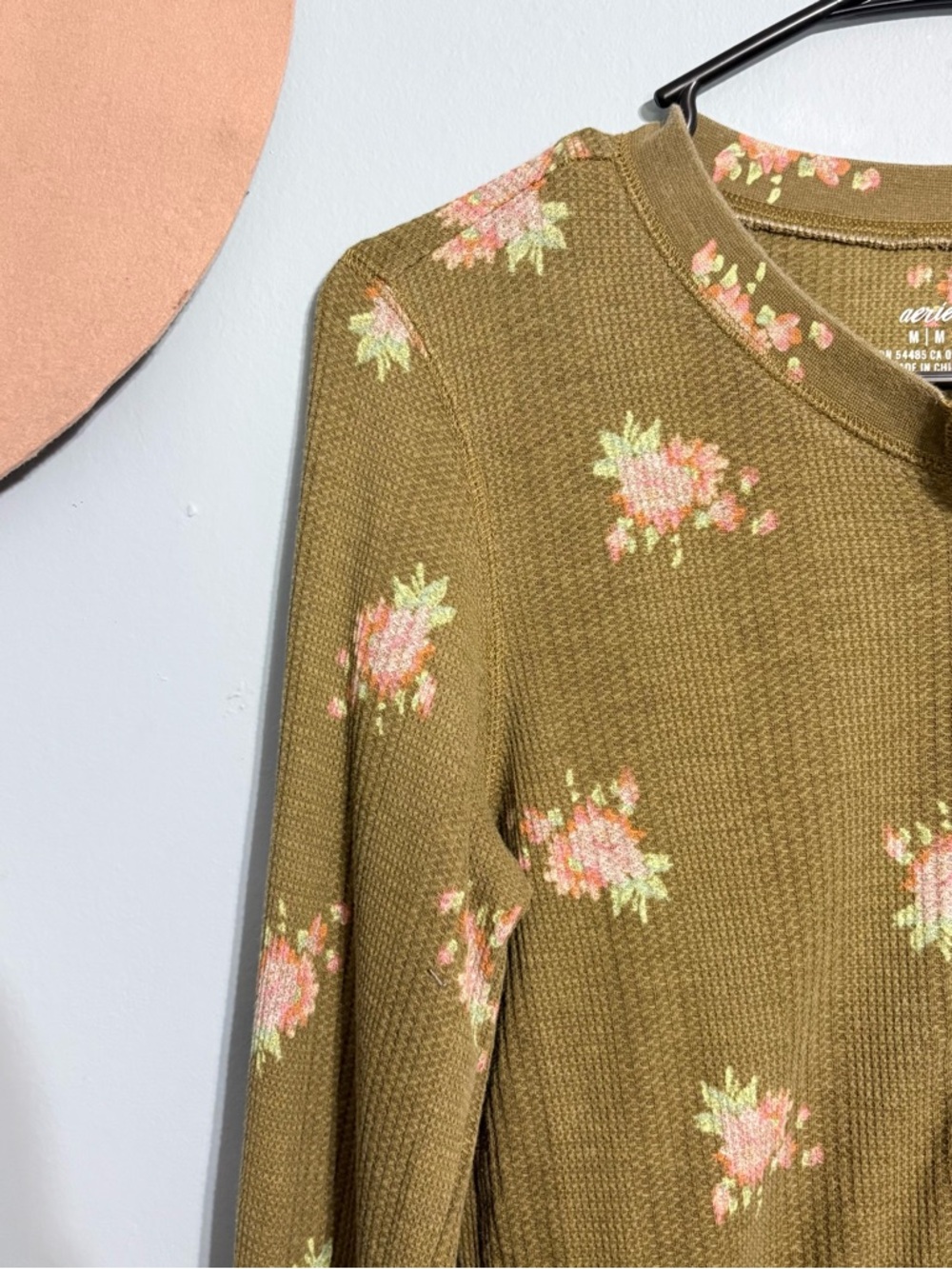 aerie Olive Green Floral Long Sleeve Henley Tee - Picture 3 of 5